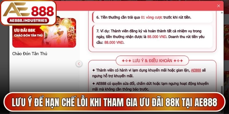 Lưu ý để hạn chế lỗi khi tham gia ưu đãi 88K tại AE888